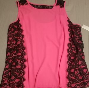 Lane Bryant. Women's Plus Size. Sleeveless Hot Pink Blouse w/ Black Lace Trim.